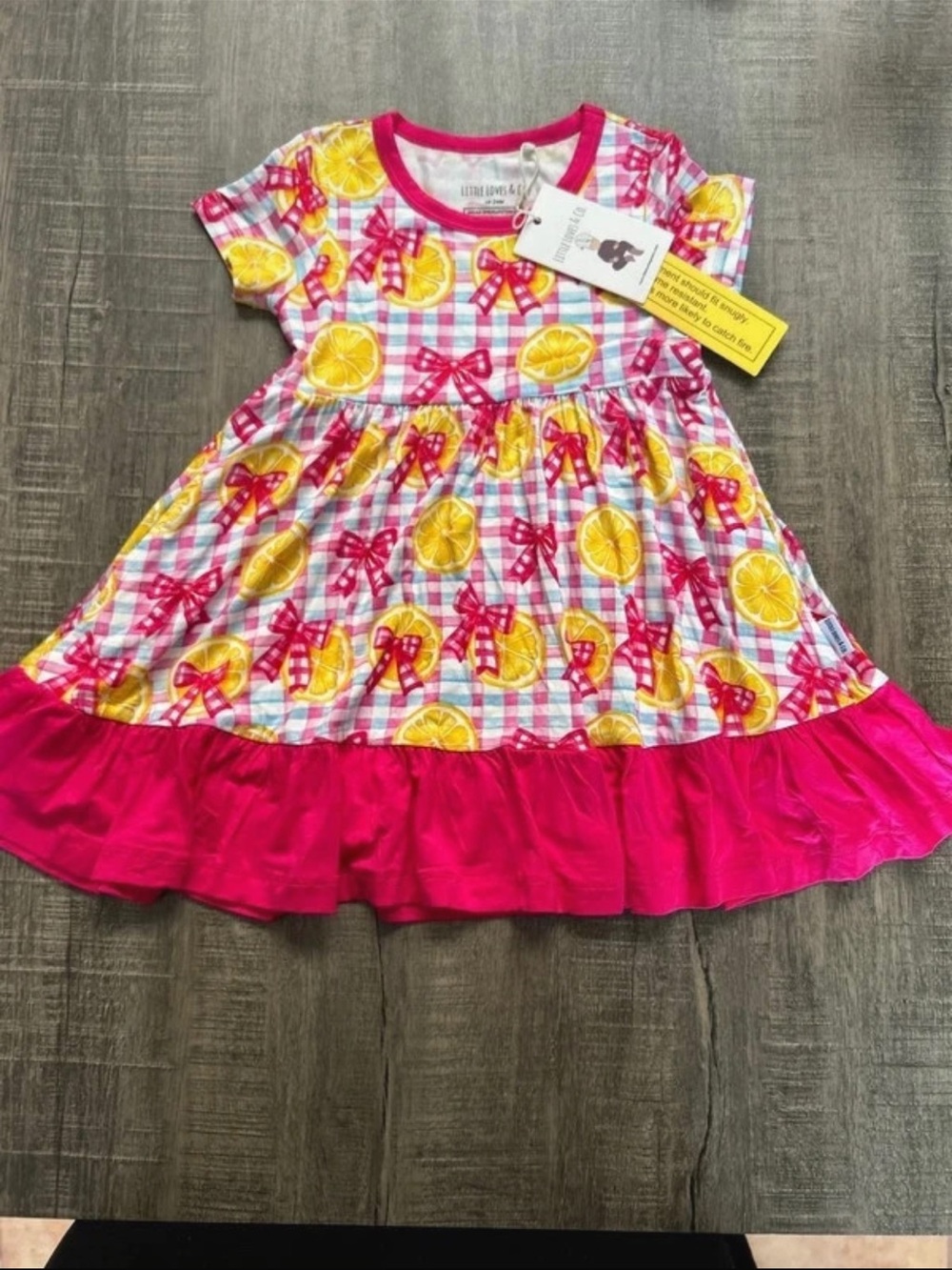 Girls Pink Lemon-Print Bamboo Ruffle Hem Dress
